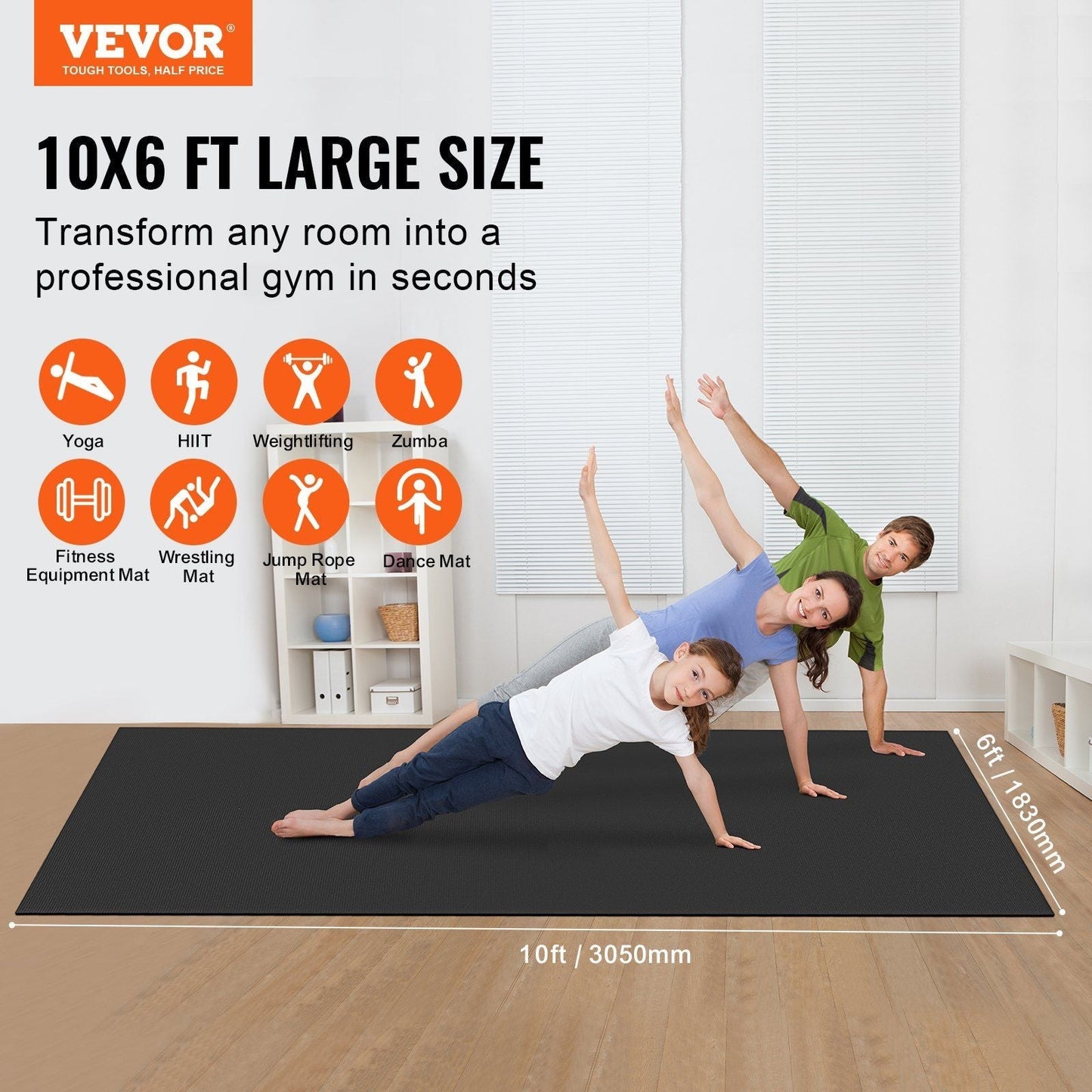 VEVOR Exercise Mat, Non Slip High Density Premium Yoga Mat, Exercise Yoga Mat for Men Women, Fitness & Exercise Mat with Bag & Carry Strap, for All Types of Home Yoga, Pilate & Floor Workout (10x6ft)