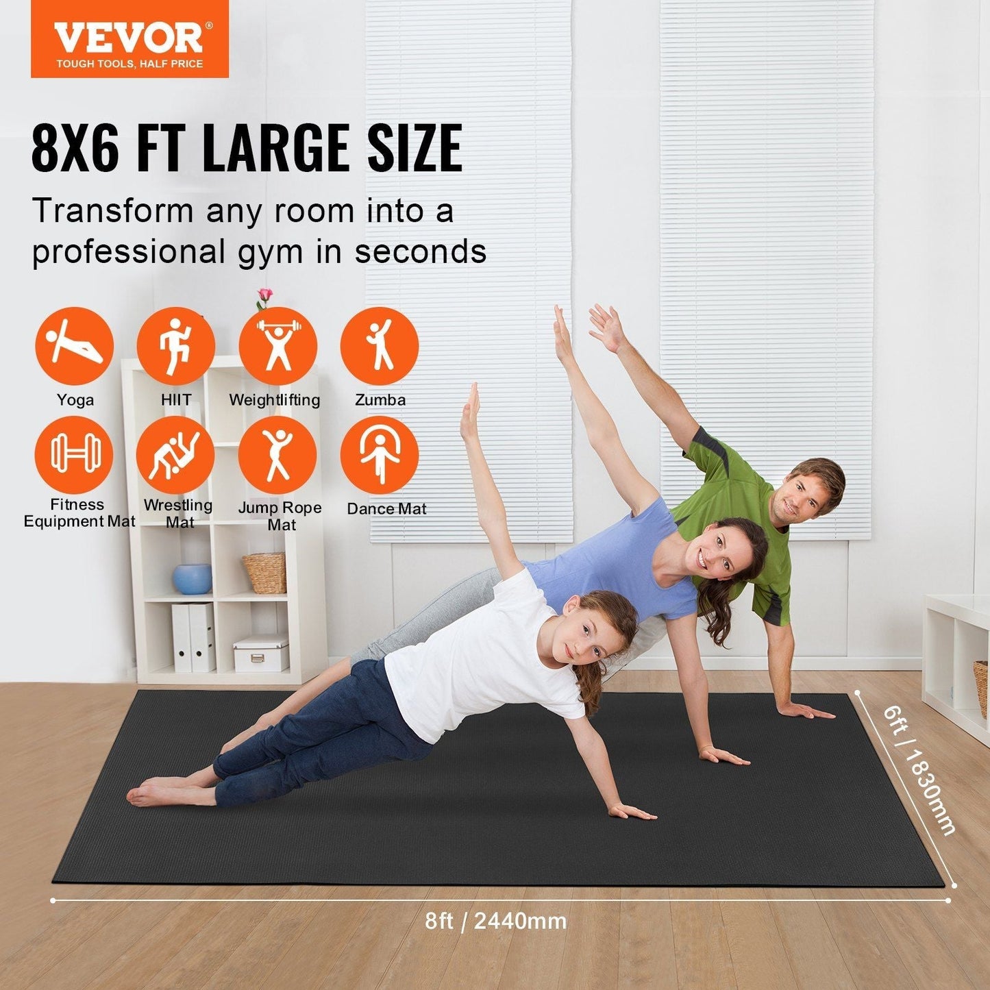 Exercise Mat, Non Slip High Density Premium Yoga Mat, Exercise Yoga Mat for Men & Women, Fitness & Exercise Mat with Bag & Carry Strap, for All Types of Home Yoga, Pilate & Floor Workout (8x6ft)