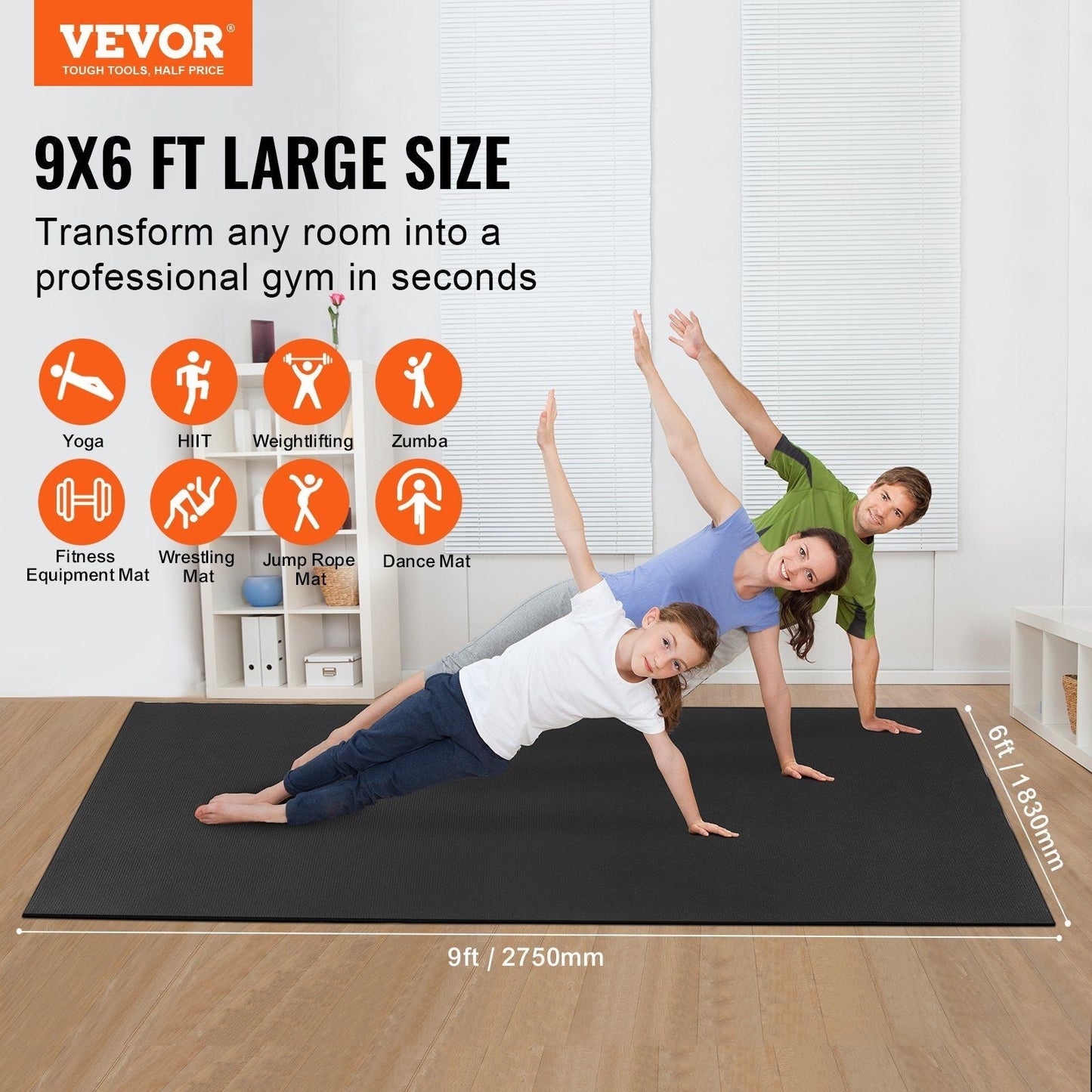 VEVOR Exercise Mat, Non Slip High Density Premium Yoga Mat, Exercise Yoga Mat for Men & Women, Fitness & Exercise Mat with Bag & Carry Strap, for All Types of Home Yoga, Pilate & Floor Workout (9x6ft)